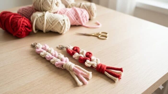 Macramé klíčenka: Návod na řadu srdíček